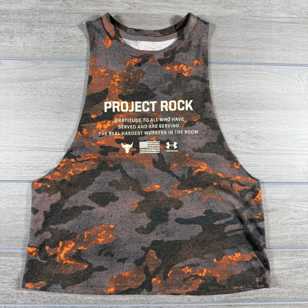 Under Armour Project Rock Tank XS Orange Camo Muscle Crop Top
